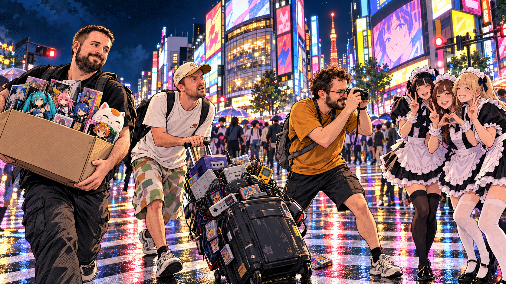 Maxime, Joël et Léo au milieu d’une aventure manga à Shibuya